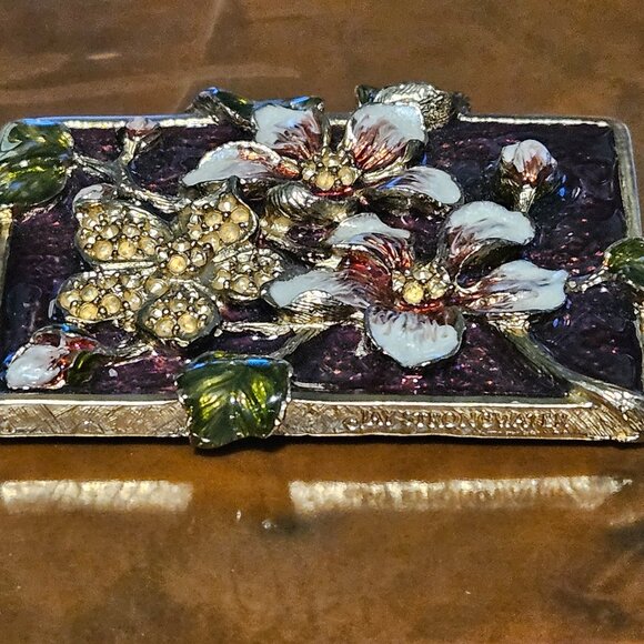 RARE JAY STRONGWATER MAROON DOGWOOD FLOWER VANITY MAKEUP ENAMEL MIRROR - Picture 10 of 12
